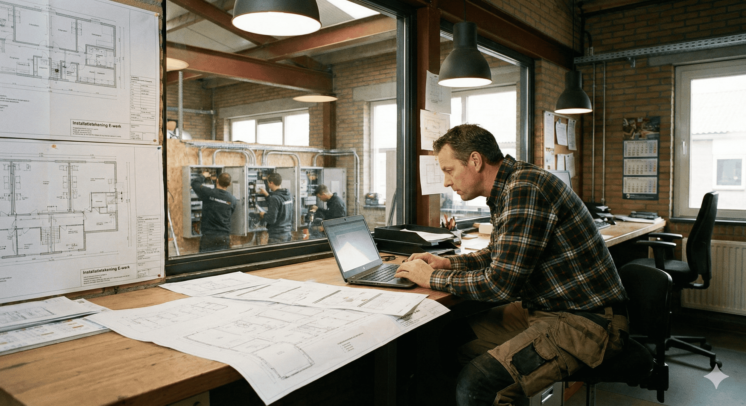Man aan bureau met werkplaats op achtergrond