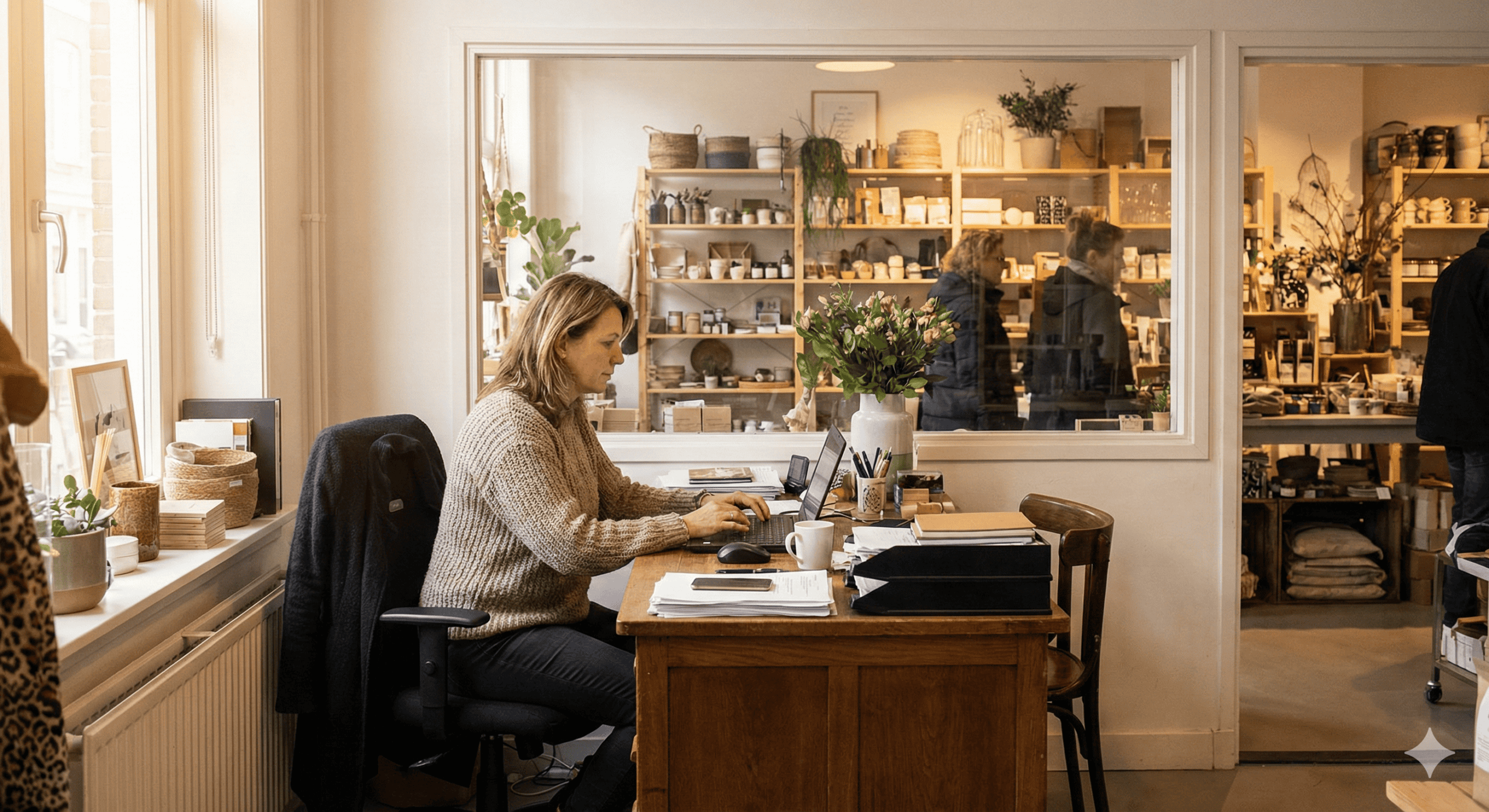 Vrouw aan bureau op kantoor