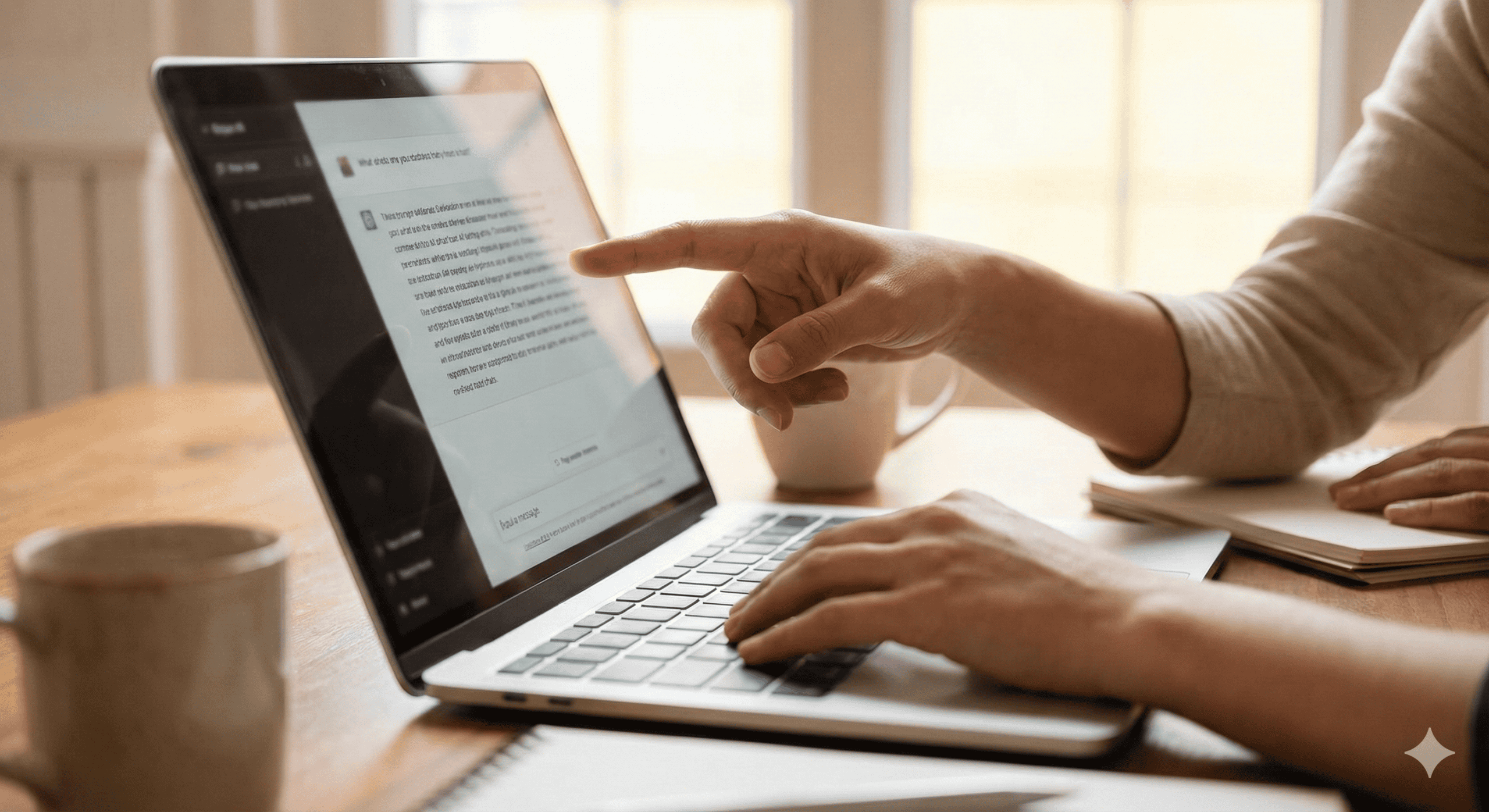 Handen wijzen naar een laptop met AI-interface