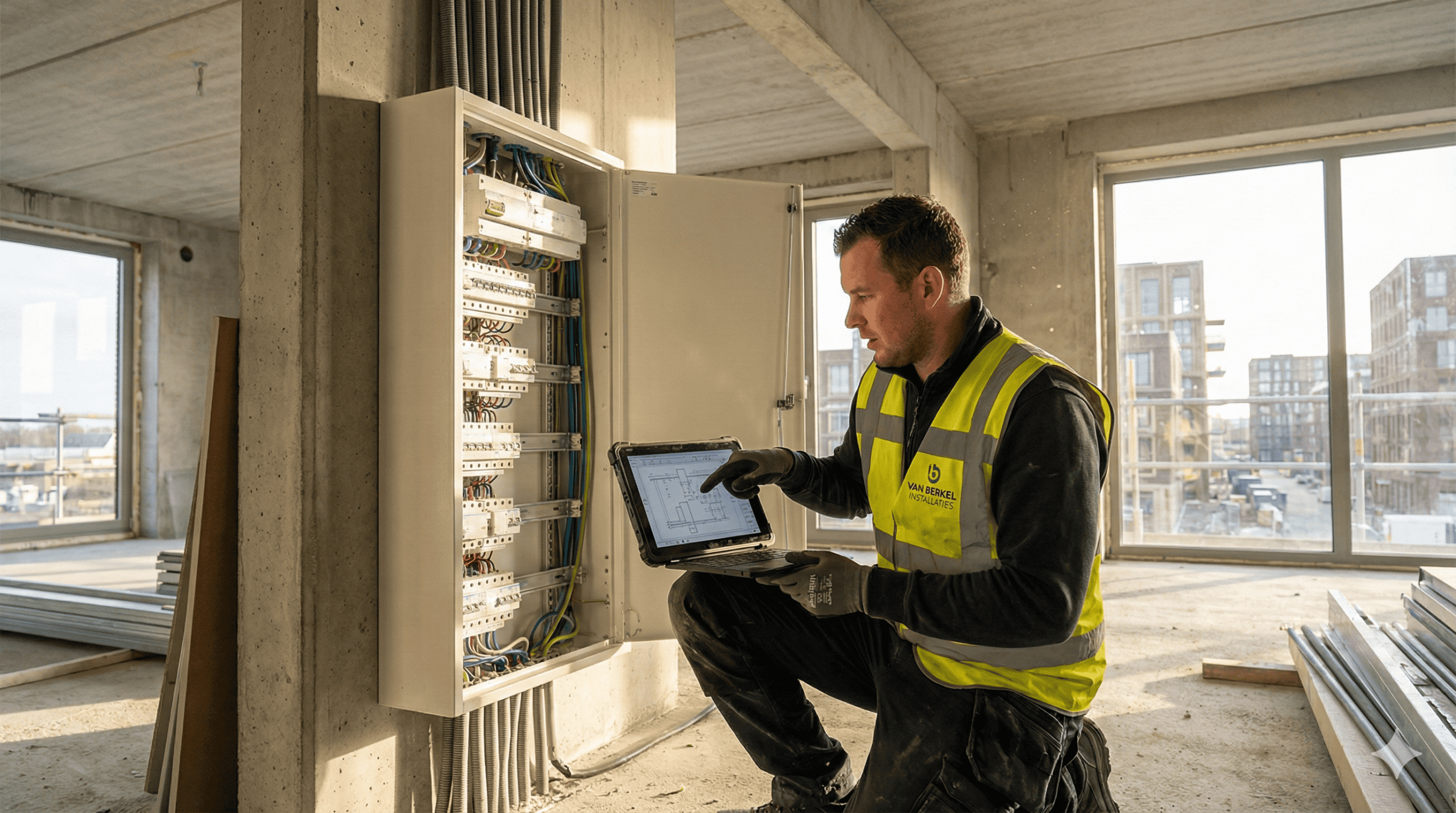 Technicus met tablet bij elektrisch paneel